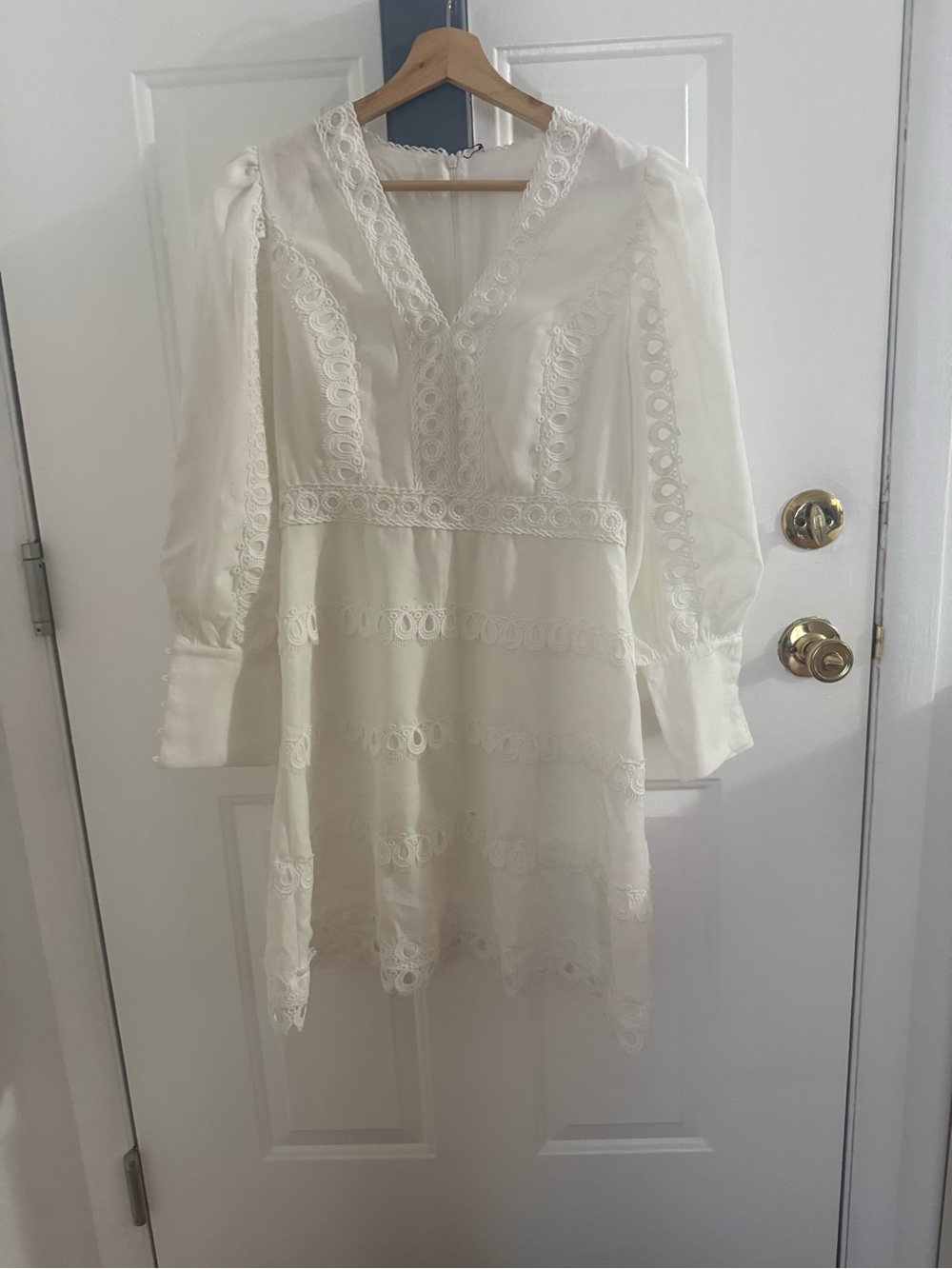 Long-Sleeve Cream Lace V-Neck Mini Dress